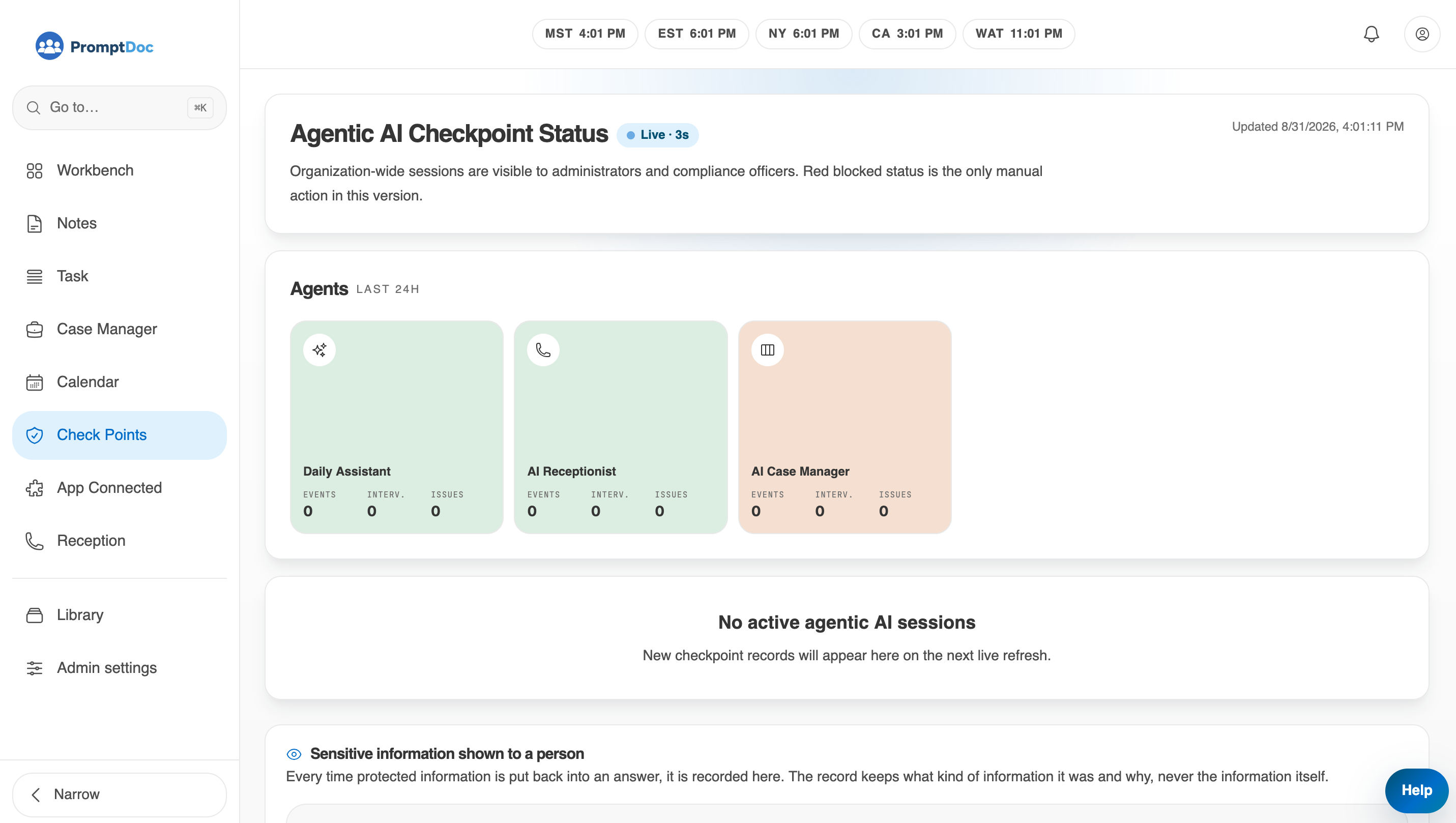 Agentic AI checkpoint status showing live agent sessions and event counts