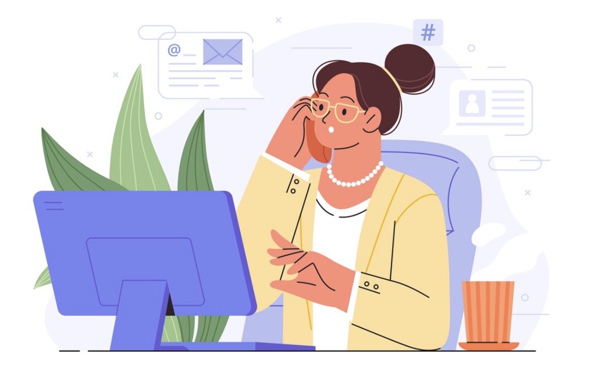 Illustration of a receptionist at a desk handling calls and messages