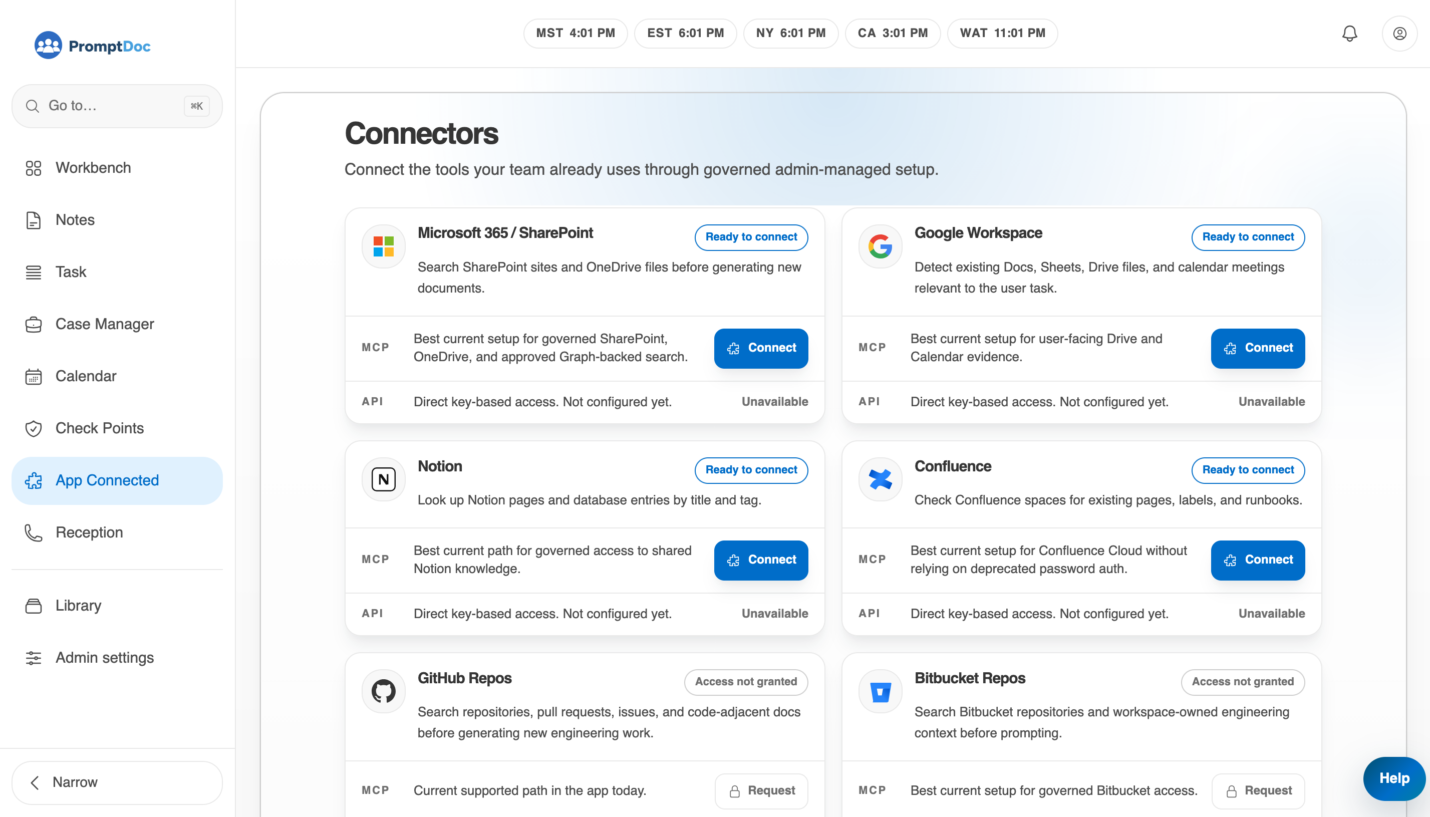 Connectors screen listing Microsoft 365, Google Workspace, Notion, and Confluence